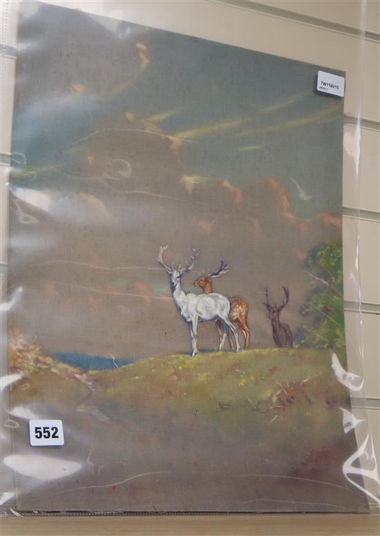 Allen William Seaby (1867-1953), New Forest - The White Buck in the Open, signed, mixed media on linen, 46cm x 38.5cm, unframed,